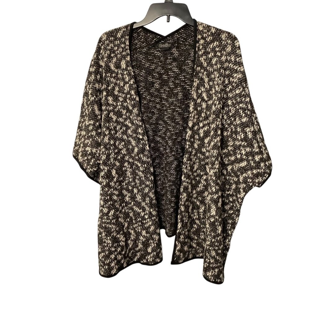 Lucky Brand Black White‎ Oversized Open Front Knit Kimono Poncho Sweater Tassels